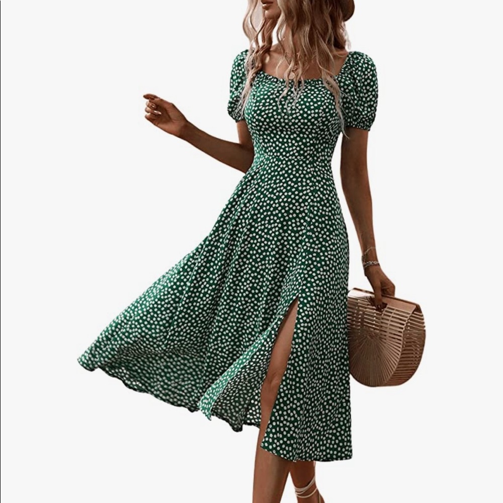 Women's Boho Short Puff Sleeve Floral Dress Slit A Line Flare Midi Dress